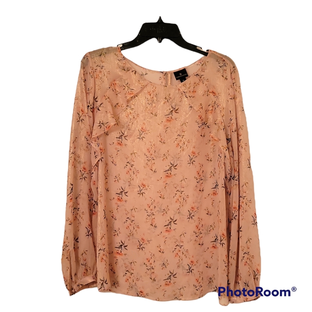 Worthington Women's Blush and Gold  Sheer Blouse with Ruffle, Size XL